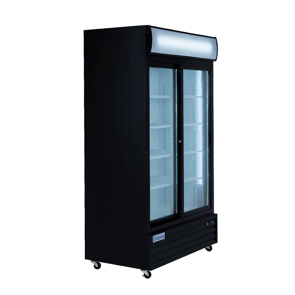 Empura ESM-36B 44.5" Black Sliding Glass Door Merchandiser Refrigerator With 2 Doors, 36 Cubic Ft, 115 Volts