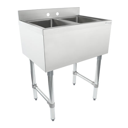26" 18-Gauge Stainless Steel 2 Compartment Commercial Underbar Sink with Galvanized Legs, without Drainboard - 10" x 14" x 10" Bowl, NSF Underbar Sink Units Empura