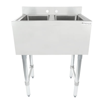 26" 18-Gauge Stainless Steel 2 Compartment Commercial Underbar Sink with Galvanized Legs, without Drainboard - 10" x 14" x 10" Bowl, NSF Underbar Sink Units Empura