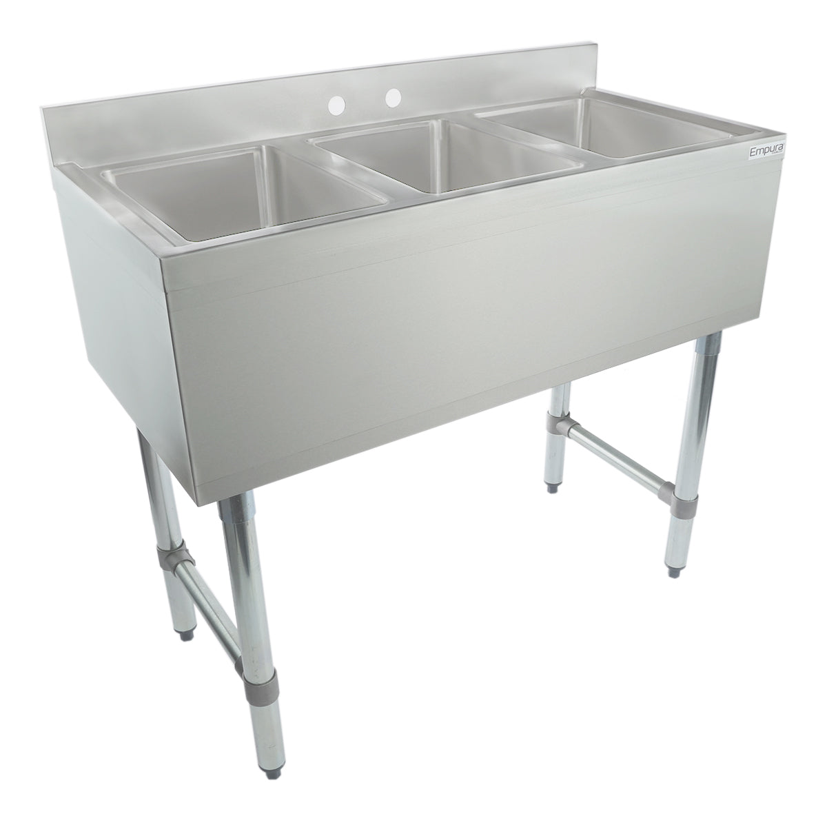 38" 18-Gauge Stainless Steel 3 Compartment Commercial Underbar Sink with Galvanized Legs, without Drainboard - 10" x 14" x 10" Bowl, NSF Underbar Sink Units Empura