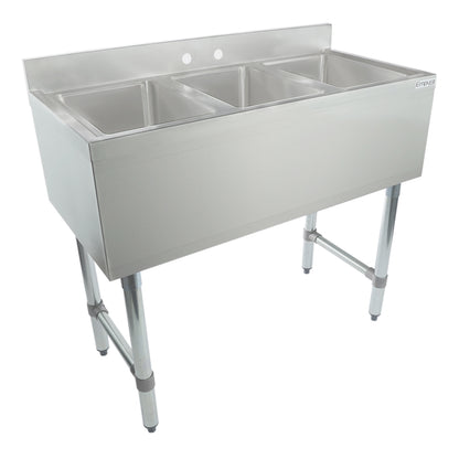 38" 18-Gauge Stainless Steel 3 Compartment Commercial Underbar Sink with Galvanized Legs, without Drainboard - 10" x 14" x 10" Bowl, NSF Underbar Sink Units Empura