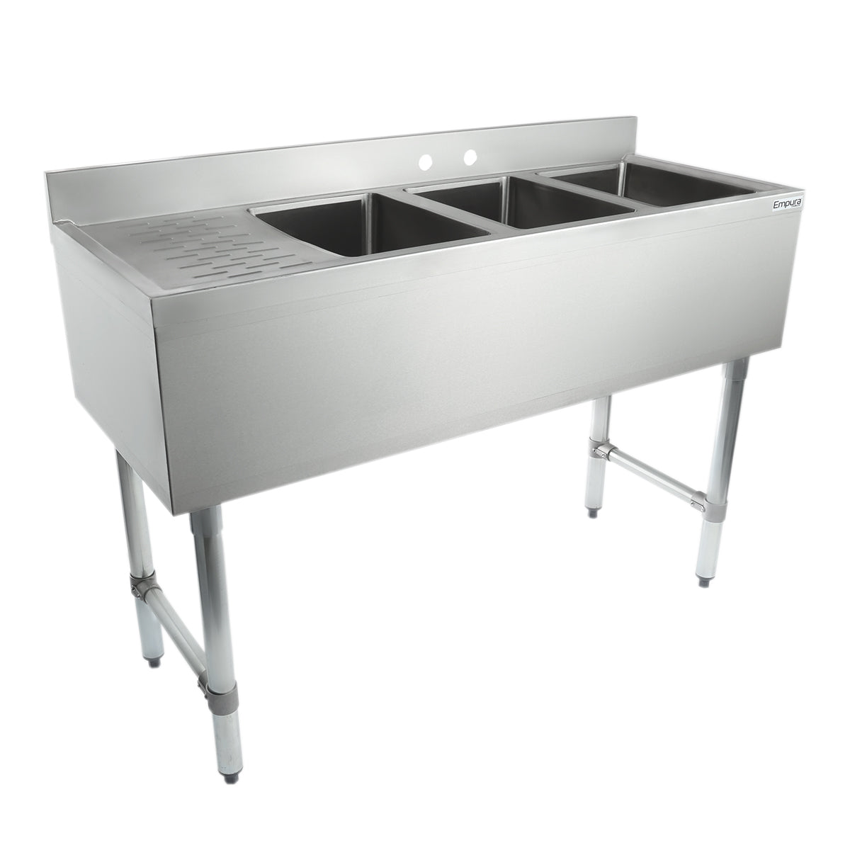 48" 18-Gauge Stainless Steel 3 Compartment Commercial Underbar Sink with Galvanized Legs, Left Drainboard - 10" x 14" x 10" Bowl, NSF Underbar Sink Units Empura