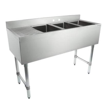 48" 18-Gauge Stainless Steel 3 Compartment Commercial Underbar Sink with Galvanized Legs, Left Drainboard - 10" x 14" x 10" Bowl, NSF Underbar Sink Units Empura