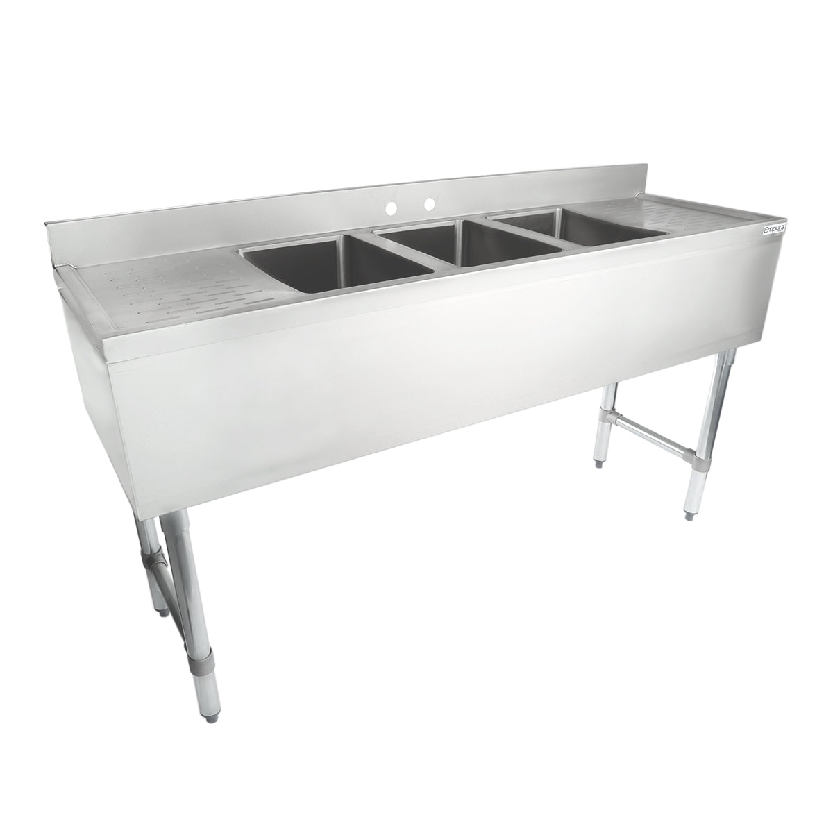 60" 18-Gauge Stainless Steel 3 Compartment Commercial Underbar Sink with Galvanized Legs, 2 Drainboard - 10" x 14" x 10" Bowl, NSF Underbar Sink Units Empura