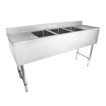60" 18-Gauge Stainless Steel 3 Compartment Commercial Underbar Sink with Galvanized Legs, 2 Drainboard - 10" x 14" x 10" Bowl, NSF Underbar Sink Units Empura