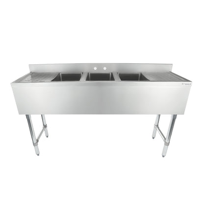 60" 18-Gauge Stainless Steel 3 Compartment Commercial Underbar Sink with Galvanized Legs, 2 Drainboard - 10" x 14" x 10" Bowl, NSF Underbar Sink Units Empura