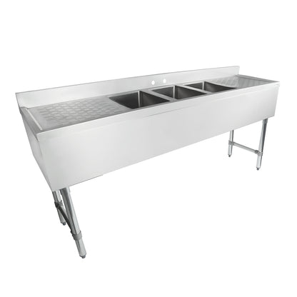 72" 18-Gauge Stainless Steel 3 Compartment Commercial Underbar Sink with Galvanized Legs, 2 Drainboard - 10" x 14" x 10" Bowl, NSF Underbar Sink Units Empura