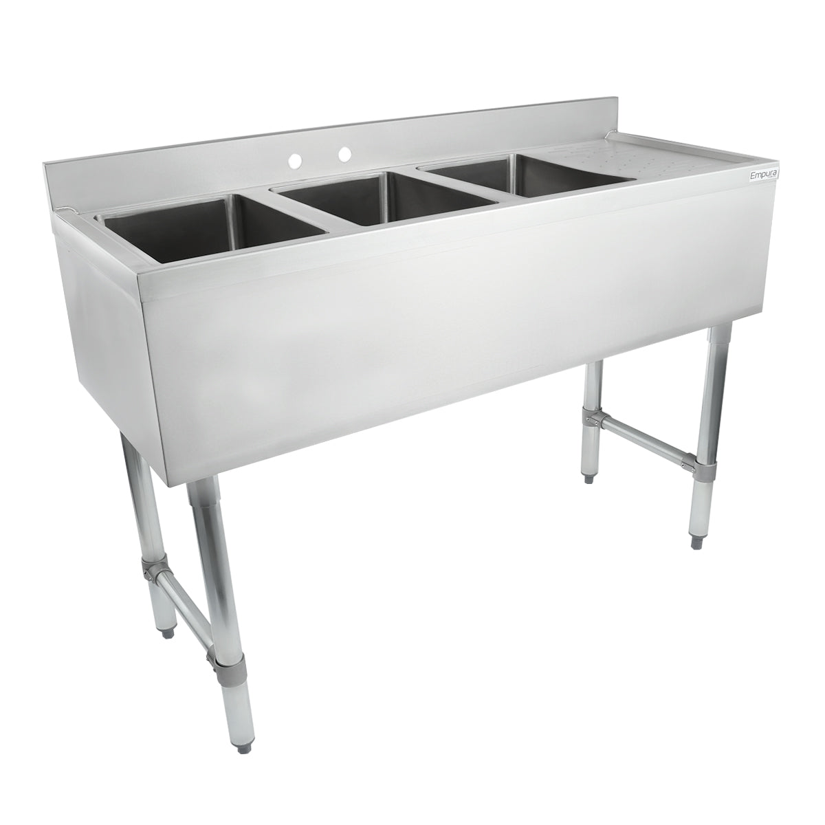 48" 18-Gauge Stainless Steel 3 Compartment Commercial Underbar Sink with Galvanized Legs, Right Drainboard - 10" x 14" x 10" Bowl, NSF Underbar Sink Units Empura