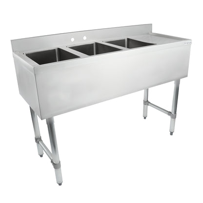 48" 18-Gauge Stainless Steel 3 Compartment Commercial Underbar Sink with Galvanized Legs, Right Drainboard - 10" x 14" x 10" Bowl, NSF Underbar Sink Units Empura