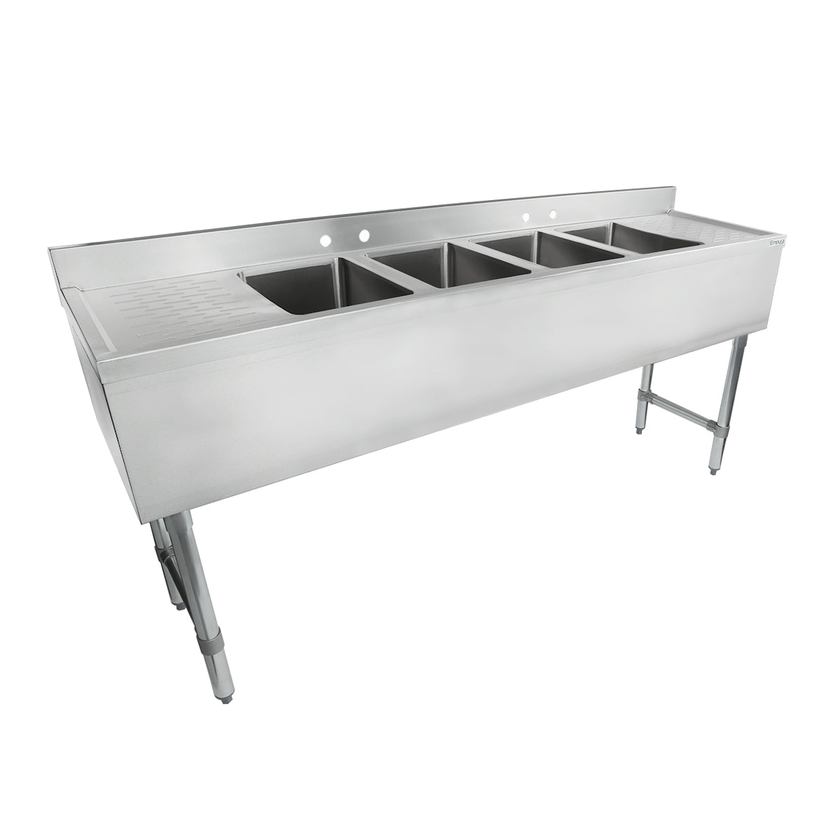 72" 18-Gauge Stainless Steel 4 Compartment Commercial Underbar Sink with Galvanized Legs, 2 Drainboard - 10" x 14" x 10" Bowl, NSF Underbar Sink Units Empura
