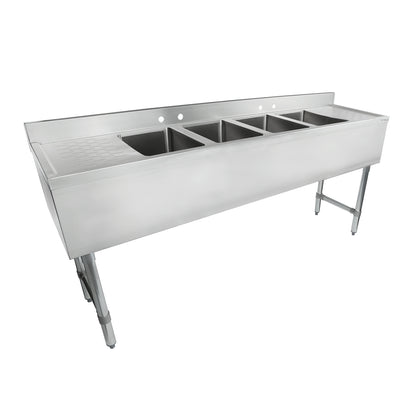 72" 18-Gauge Stainless Steel 4 Compartment Commercial Underbar Sink with Galvanized Legs, 2 Drainboard - 10" x 14" x 10" Bowl, NSF Underbar Sink Units Empura