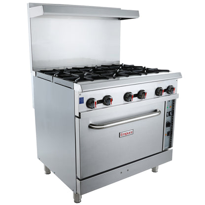 36" 6 Burner Commercial Liquid Propane Range with Convention Oven Base - 211,000 BTU Range, 36" Restaurant, Gas Empura