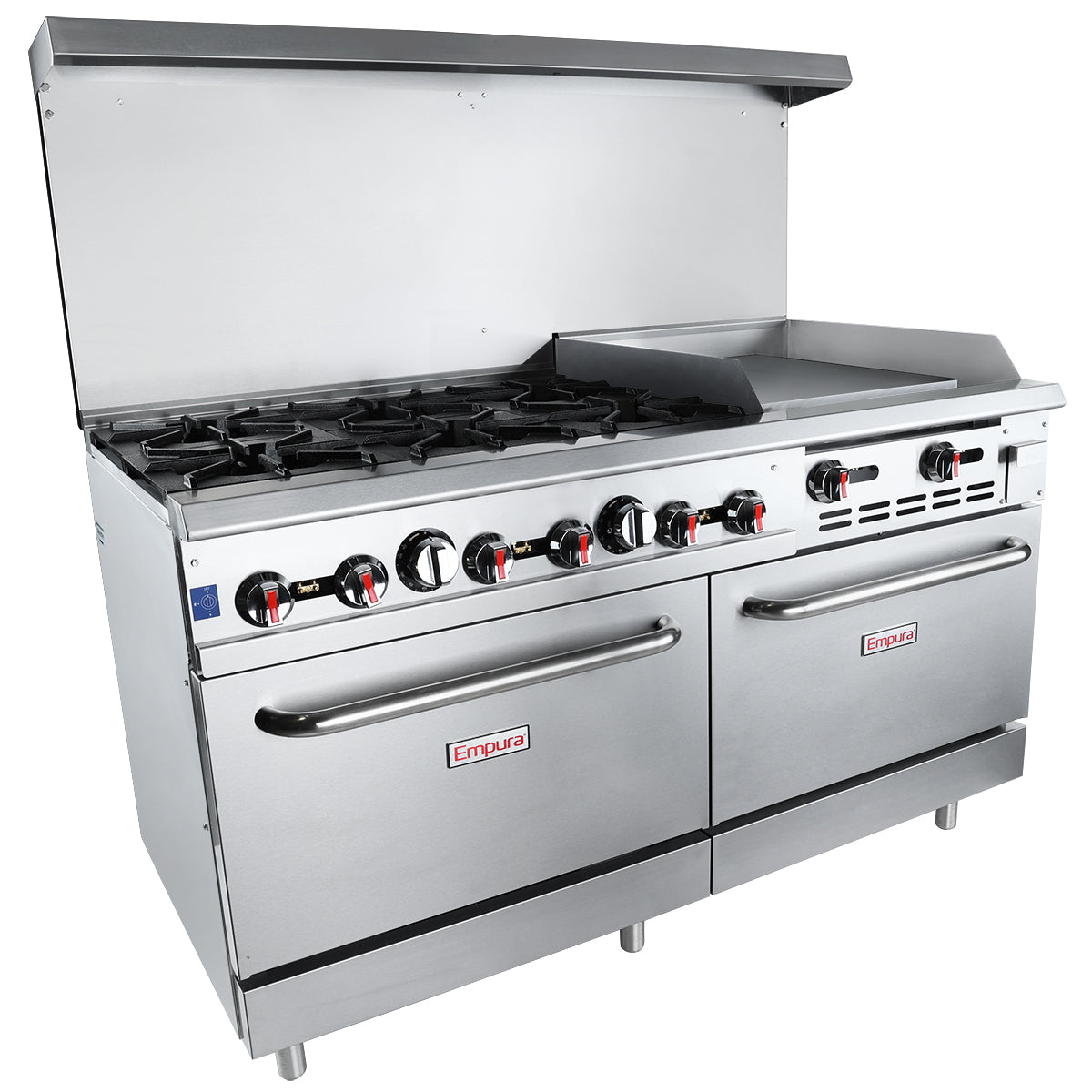 Empura EGR60-G24_LP Liquid Propane 60" Wide Stainless Steel 6-Burner Gas Range with 24" Right Side Griddle and 2 Full Sized Standard Ovens - 280,000 BTU