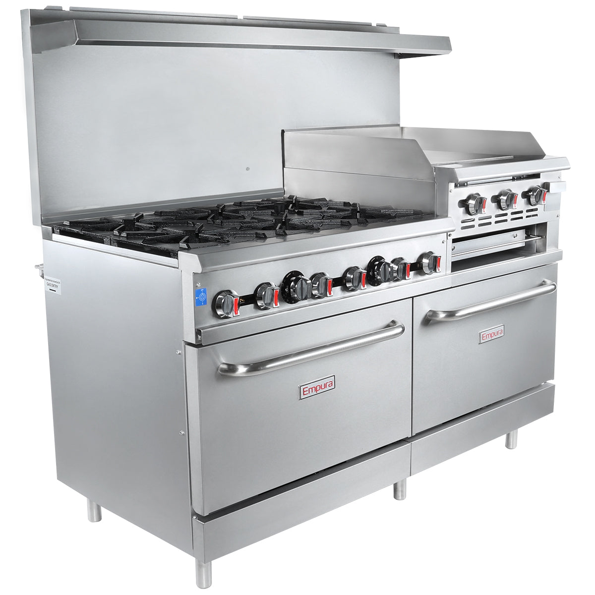 Empura EGR60-GS24_LP Liquid Propane 60" Wide Stainless Steel 6-Burner Gas Range with Elevated 24" Right Side Griddle / Built In Salamander Broiler and 2 Full Sized Standard Ovens - 276,000 BTU