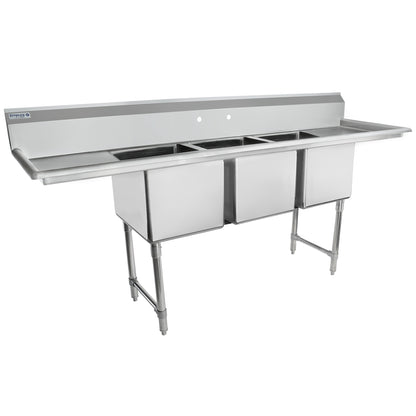 88" 16 Gauge Stainless Steel Three Compartment Heavy Duty Sink with Stainless Steel Legs, Cross Bracing, and 2 Drainboards - 20" x 14" x 16" Bowls, NSF Sink, (3) Three Compartment Empura
