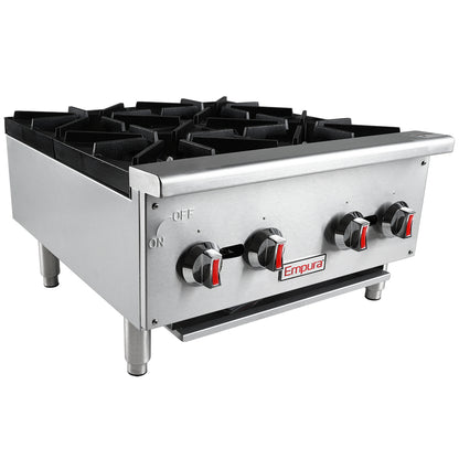 24" 4 Burner Commercial Gas Hot Plate with Cast Iron Grates - 100,000 BTU Hotplate, Countertop, Gas Empura
