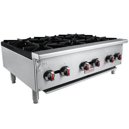 36" 6 Burner Commercial Gas Hot Plate with Cast Iron Grates - 150,000 BTU Hotplate, Countertop, Gas Empura
