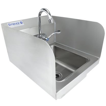 14" Wall Mounted Commercial 20 Gauge Stainless Hand Sink with Gooseneck Faucet Wrist Handles and Side Splashes, NSF Sink, Hand Empura