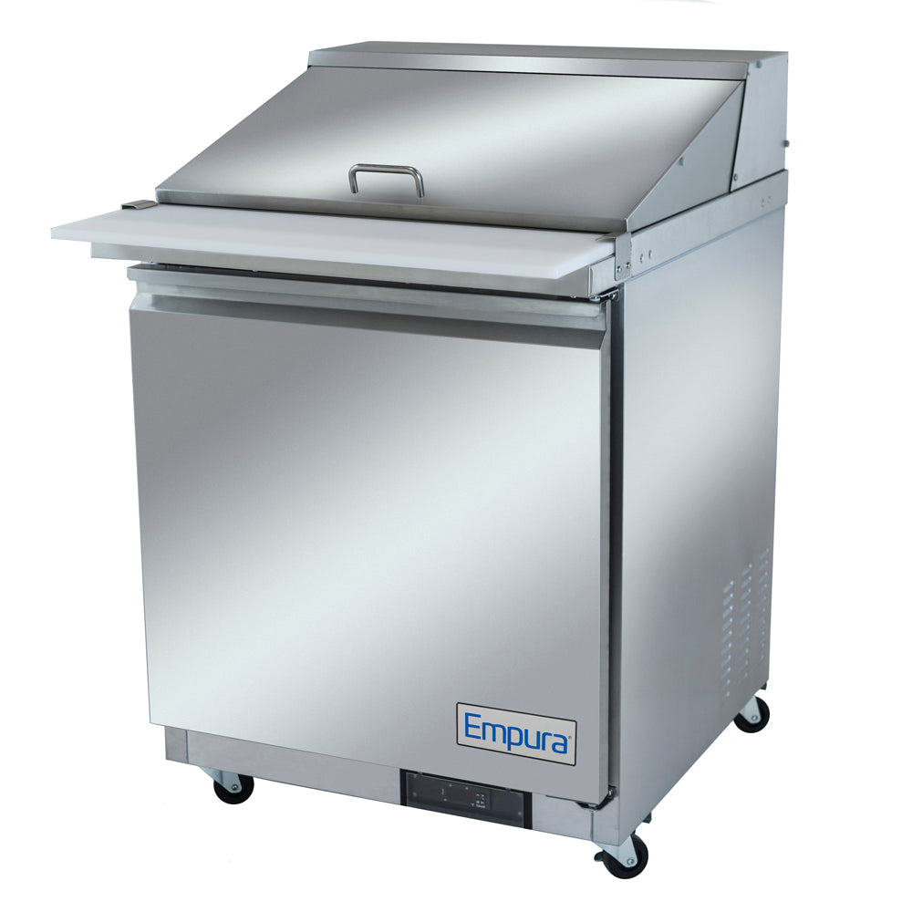 Empura E-KSP29M 28.9" Mega Top Sandwich/Salad Table Refrigerator 12 Pan, 1 Solid Door, Stainless Steel  And 9" Cutting Board - 7 Cu Ft, 115 Volts