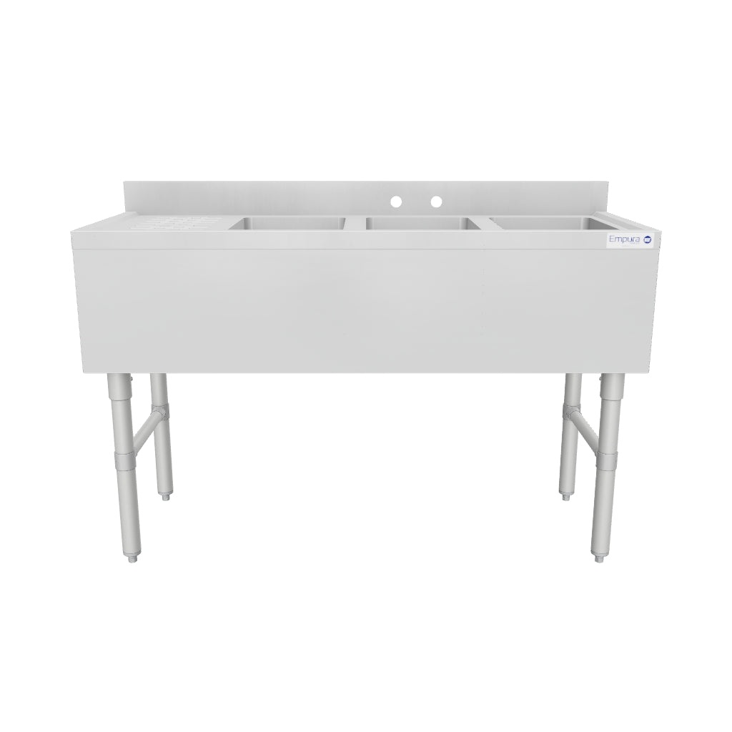 48" 18-Gauge Stainless Steel 3 Compartment Commercial Underbar Sink with Galvanized Legs, Left Drainboard - 10" x 14" x 10" Bowl, NSF
