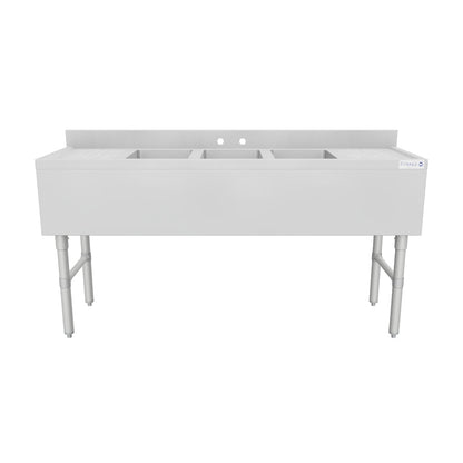 60" 18-Gauge Stainless Steel 3 Compartment Commercial Underbar Sink with Galvanized Legs, 2 Drainboard - 10" x 14" x 10" Bowl, NSF