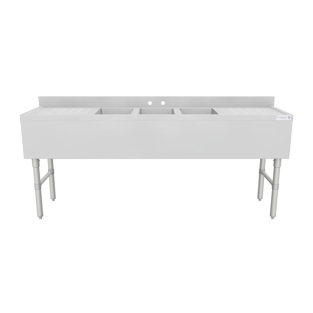 72" 18-Gauge Stainless Steel 3 Compartment Commercial Underbar Sink with Galvanized Legs, 2 Drainboard - 10" x 14" x 10" Bowl, NSF