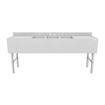 72" 18-Gauge Stainless Steel 3 Compartment Commercial Underbar Sink with Galvanized Legs, 2 Drainboard - 10" x 14" x 10" Bowl, NSF