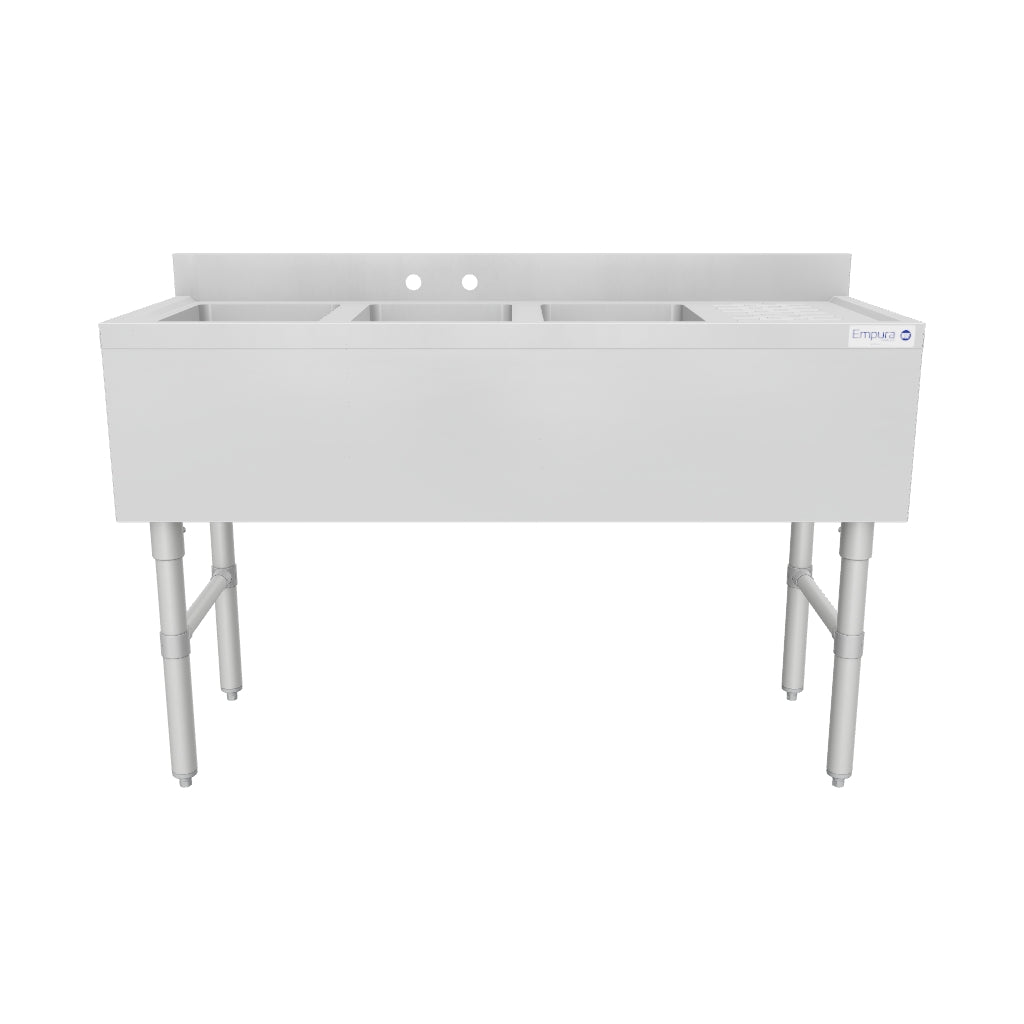 48" 18-Gauge Stainless Steel 3 Compartment Commercial Underbar Sink with Galvanized Legs, Right Drainboard - 10" x 14" x 10" Bowl, NSF