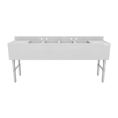 72" 18-Gauge Stainless Steel 4 Compartment Commercial Underbar Sink with Galvanized Legs, 2 Drainboard - 10" x 14" x 10" Bowl, NSF