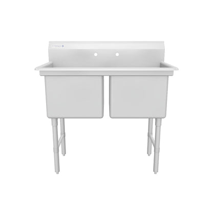 43" 16 Gauge Stainless Steel Two Compartment Heavy Duty Sink with Stainless Steel Legs, Cross Bracing, and without Drainboards - 18" x 14" x 18" Bowls, NSF