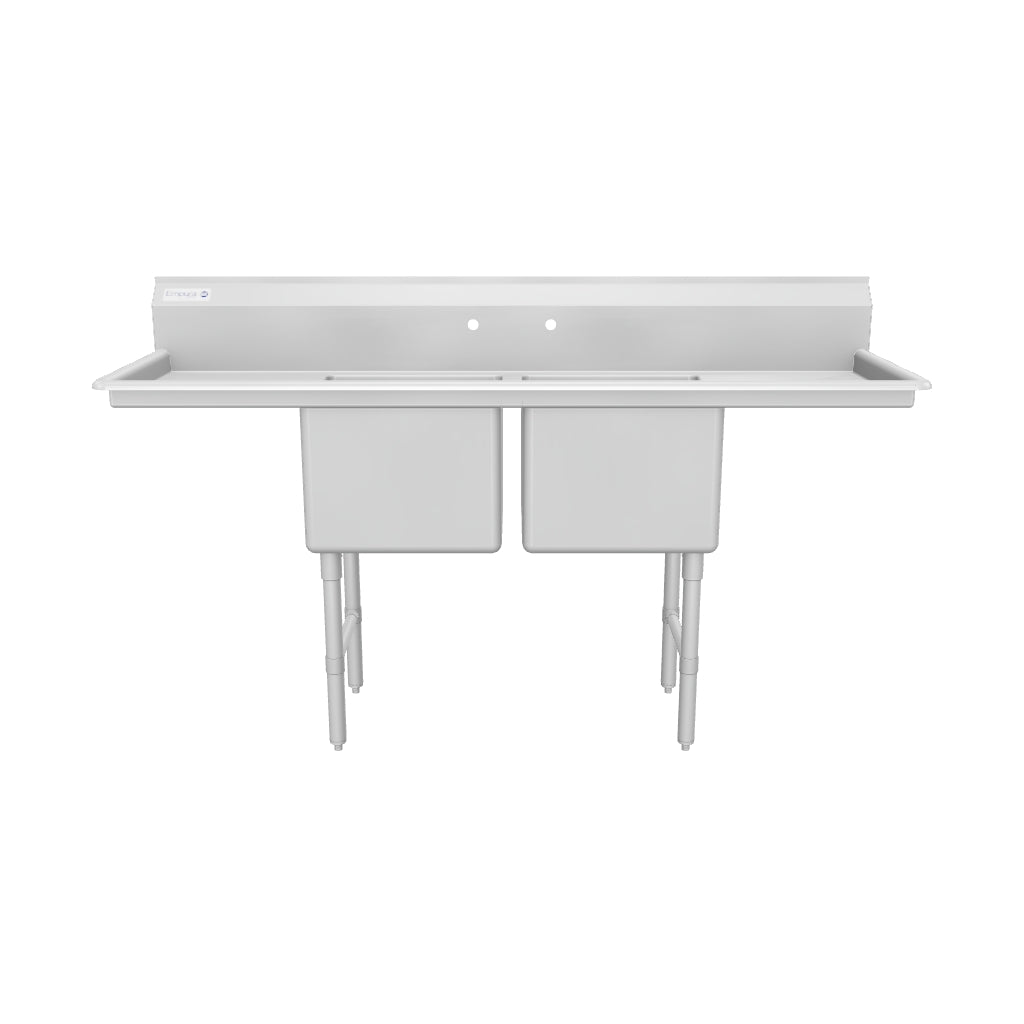 74" 16 Gauge Stainless Steel Two Compartment Heavy Duty Sink with Stainless Steel Legs, Cross Bracing, and 2 Drainboards - 18" x 14" x 18" Bowls, NSF