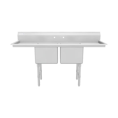 74" 16 Gauge Stainless Steel Two Compartment Heavy Duty Sink with Stainless Steel Legs, Cross Bracing, and 2 Drainboards - 18" x 14" x 18" Bowls, NSF