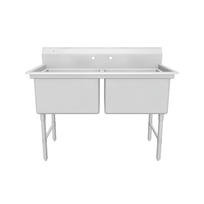 55" 16 Gauge Stainless Steel Two Compartment Heavy Duty Sink with Stainless Steel Legs, Cross Bracing, and without Drainboards - 24" x 14" x 24" Bowls, NSF