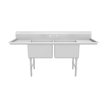 86" 16 Gauge Stainless Steel Two Compartment Heavy Duty Sink with Stainless Steel Legs, Cross Bracing, and 2 Drainboards - 24" x 14" x 24" Bowls, NSF