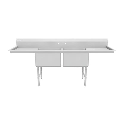 98" 16 Gauge Stainless Steel Two Compartment Heavy Duty Sink with Stainless Steel Legs, Cross Bracing, and 2 Drainboards - 24" x 14" x 24" Bowls, NSF