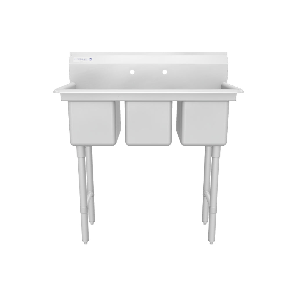 39" 16 Gauge Stainless Steel Three Compartment Heavy Duty Sink with Stainless Steel Legs, Cross Bracing, and without Drainboards - 14" x 10" x 10" Bowls, NSF