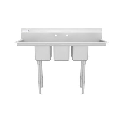 58" 16 Gauge Stainless Steel Three Compartment Heavy Duty Sink with Stainless Steel Legs, Cross Bracing, and 2 Drainboards - 14" x 10" x 10" Bowls, NSF
