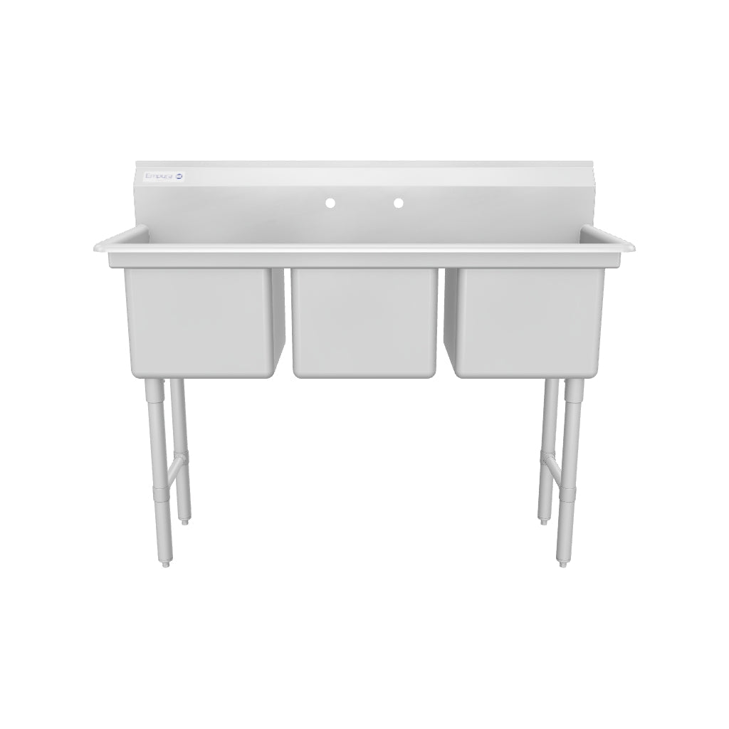 54" 16 Gauge Stainless Steel Three Compartment Heavy Duty Sink with Stainless Steel Legs, Cross Bracing, and without Drainboards - 15" x 12" x 15" Bowls, NSF