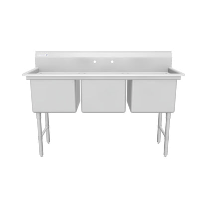 63" 16 Gauge Stainless Steel Three Compartment Heavy Duty Sink with Stainless Steel Legs, Cross Bracing, and without Drainboards - 18" x 14" x 18" Bowls, NSF