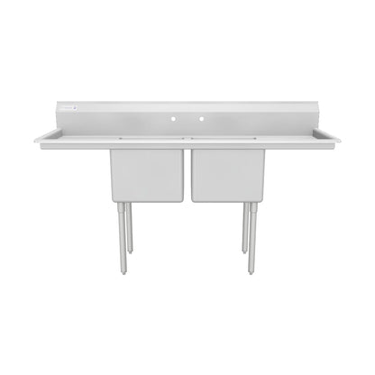 74" 18 Gauge Stainless Steel Two Compartment Standard Duty Sink with Galvanized Legs and 2 Drainboards - 18" x 14" x 18" Bowls, NSF