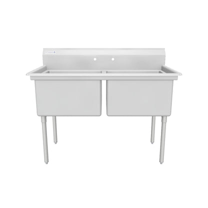 55" 18 Gauge Stainless Steel Two Compartment Standard Duty Sink with Galvanized Legs, Cross Bracing, and without Drainboards - 24" x 14" x 24" Bowls, NSF