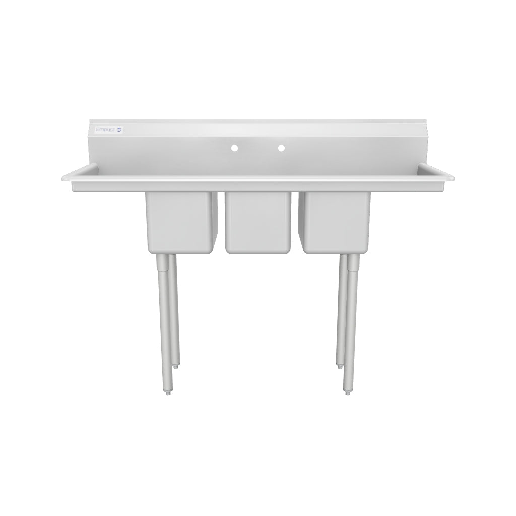 58" 18 Gauge Stainless Steel Three Compartment Standard Duty Sink with Galvanized Legs and 2 Drainboards - 14" x 10" x 10" Bowls, NSF