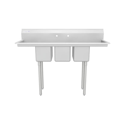 58" 18 Gauge Stainless Steel Three Compartment Standard Duty Sink with Galvanized Legs and 2 Drainboards - 14" x 10" x 10" Bowls, NSF