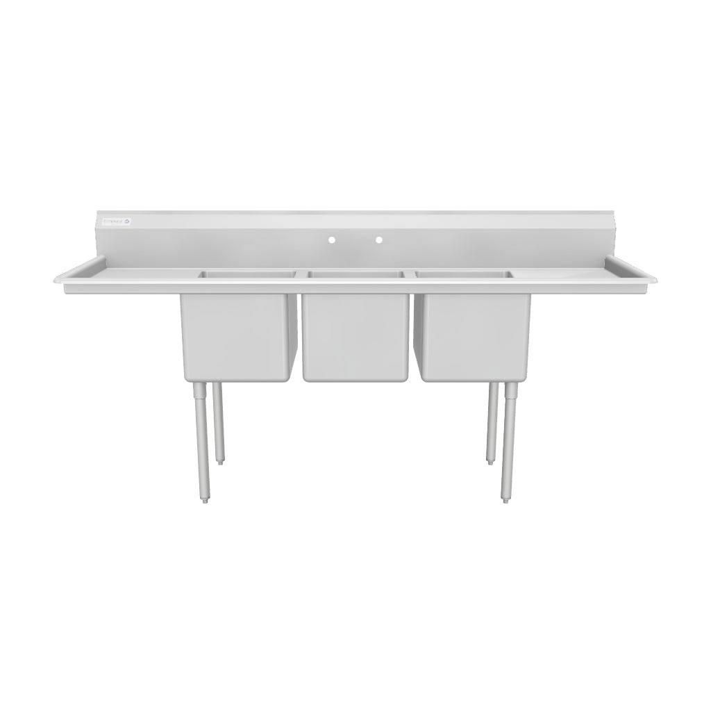 88" 18 Gauge Stainless Steel Three Compartment Standard Duty Sink with Galvanized Legs and 2 Drainboards - 20" x 14" x 16" Bowls, NSF