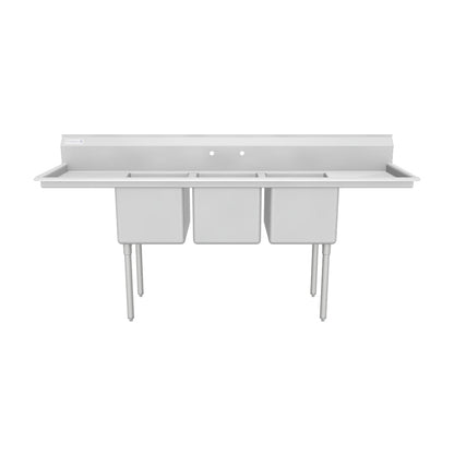 88" 18 Gauge Stainless Steel Three Compartment Standard Duty Sink with Galvanized Legs and 2 Drainboards - 20" x 14" x 16" Bowls, NSF