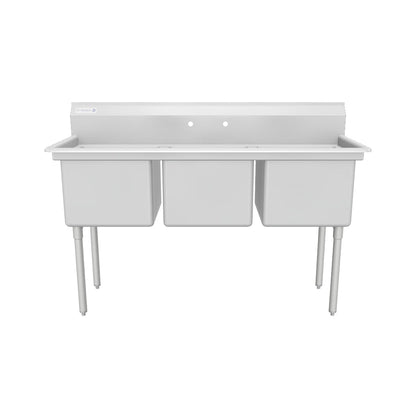 63" 18 Gauge Stainless Steel Three Compartment Standard Duty Sink with Galvanized Legs, without Drainboard - 18" x 14" x 18" Bowl, NSF