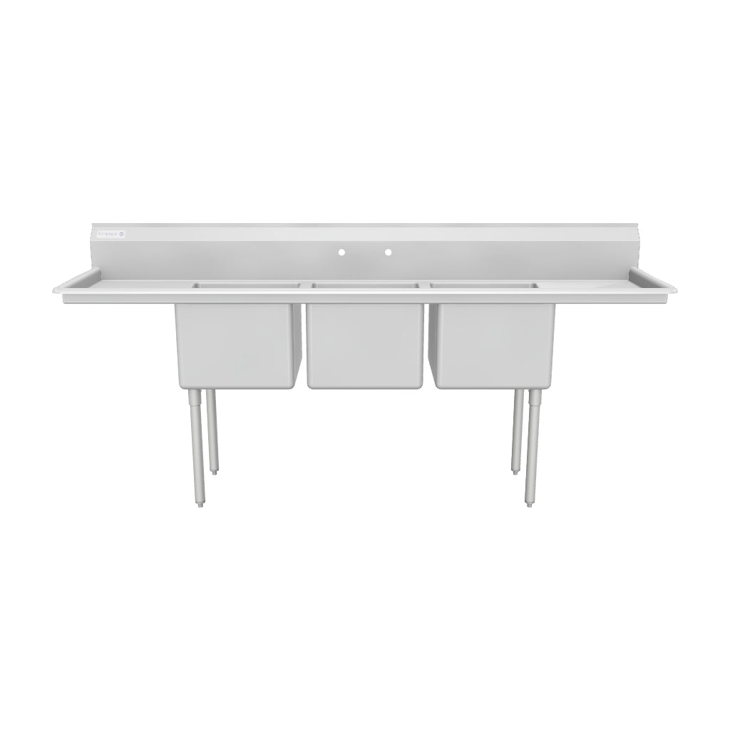 94" 18 Gauge Stainless Steel Three Compartment Standard Duty Sink with Galvanized Legs and 2 Drainboards - 18" x 14" x 18" Bowls, NSF