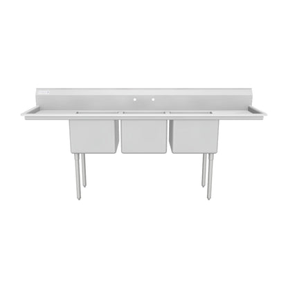94" 18 Gauge Stainless Steel Three Compartment Standard Duty Sink with Galvanized Legs and 2 Drainboards - 18" x 14" x 18" Bowls, NSF