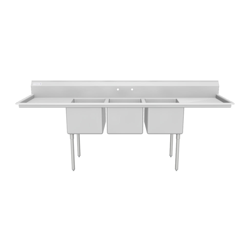 94" 18 Gauge Stainless Steel Three Compartment Standard Duty Sink with Galvanized Legs and 2 Drainboards - 24" x 14" x 18" Bowls, NSF