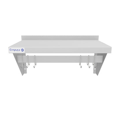 24" Wall-Mounted Pot Rack with Shelf and Galvanized Hooks, 18 Gauge Stainless Steel, NSF